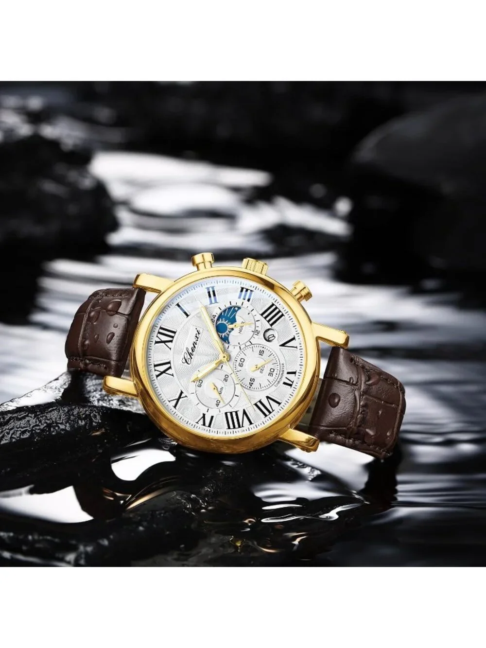 Men White Brown Leather Multifunctional Military Sports Analog Chronograph Watch